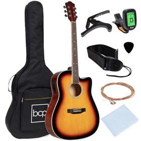 Sky5494 Beginner Acoustic Electric Guitar Starter Set 41inch Wood Cutaway Design Sunburst