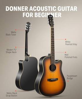 Ec1020 Donner Acoustic Guitar Cutaway Pickguard String Pick Right Hand 41 Inch Sunburst
