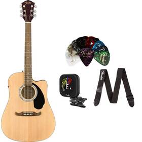 Fe0971113221 Fender Guitar Natural With Pick 12 Pck Strap Tuner Bundle