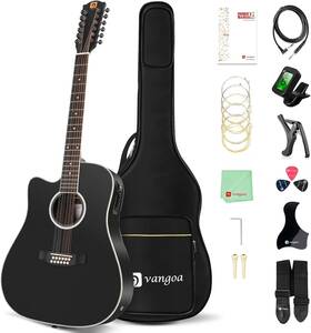 Vge12-2l Vangoa Left Handed 12 String Guitar Acoustic Electric Cutaway 42 Full Black