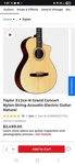 Taylor 312CE-N Grand Concert Nylon-string Acoustic-electric Guitar Natural. Fixed Price $2000.00.